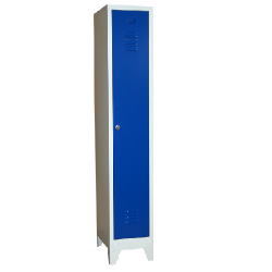 Stahl-Kleiderspind - lichtgrau mit blauen Türen - 30 cm breit - 1 Abteil  - mit Füssen - 1 Drehriegel- Lieferzeit ca. 2-3 Wochen !